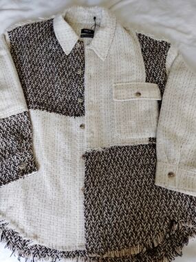 Five CM Cream & Brown Tweed Patchwork Shacket, Button Down, Medium
